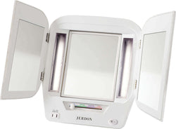 Jerdon Euro Style Tri-Fold 5x/1x Miroir de maquillage de courtoisie éclairé - 4 réglages de couleur