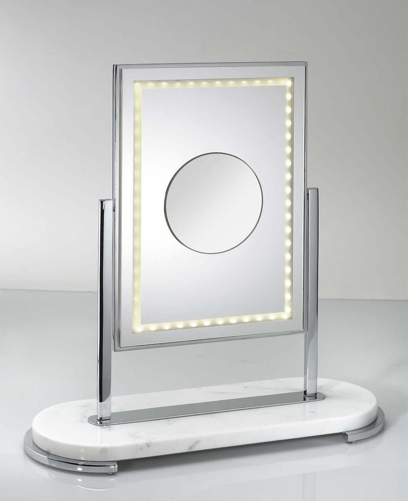 The Mon Beau on White Marble base with 4.7&quot; inset 3x Magnification mirror within the 13.4&quot; x 9.5&quot; mirror section.  Overall the entire mirror is 18.1&quot; high x 17,7&quot; at the base.