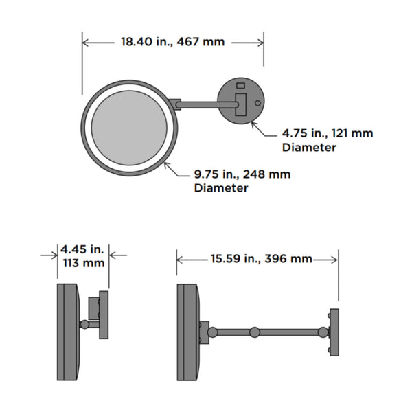 Electric Mirror company Blush Makeup Mirror dimensioned drawing.