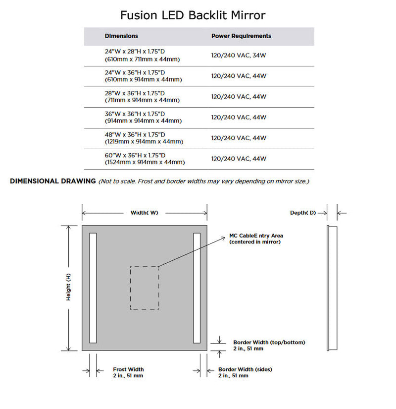 Electric Mirror Fusion +AVA Adjustable-Light LED Bathroom Mirror with Clean, Strong Lines - 5 Sizes