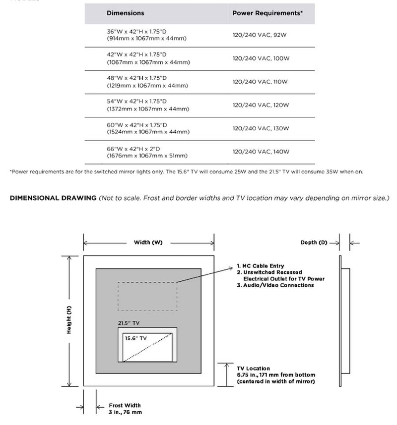 Electric Mirror Silhouette TV LED Bathroom Mirror with 21.5" HDTV - Invisible When Off - 6 sizes