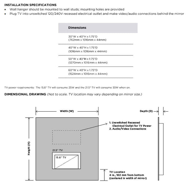 Electric Mirror Loft TV Mirror with 21.5" LED HDTV - It Becomes Invisible When Off - 4 sizes