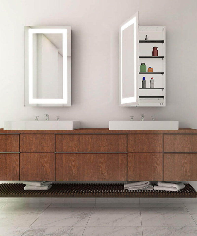 Electric Mirror Ambiance Mirrored Cabinet with LED Back-Lighted Frame, 2 Sizes, Hinged Left or Right