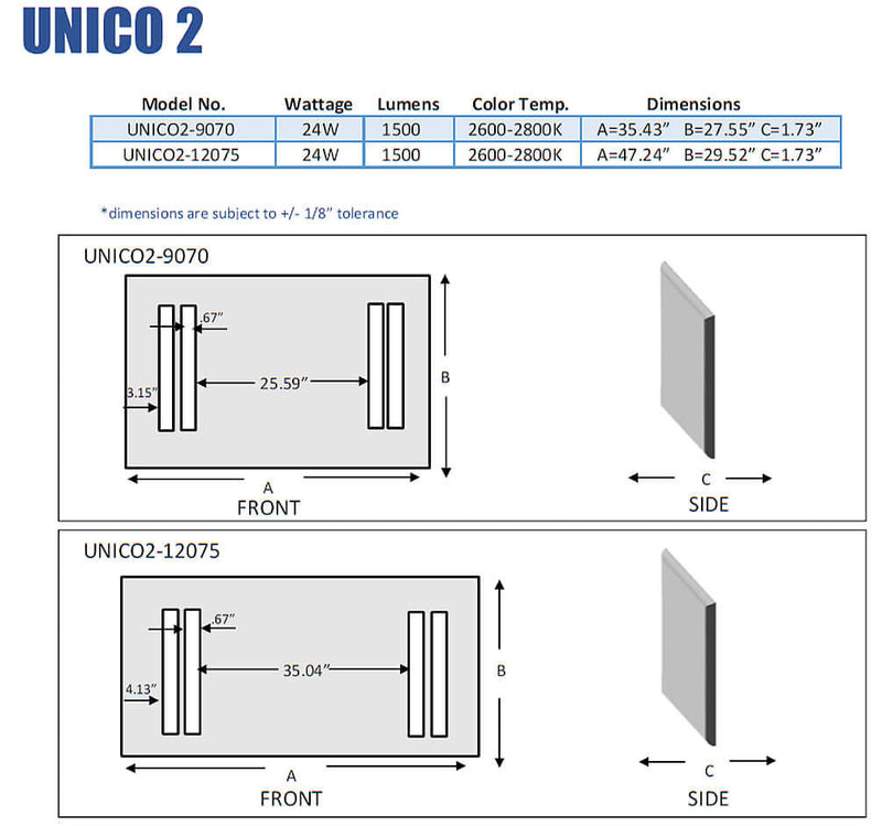 Aamsco UNICO 2 with Double Vertical Bands of LED Lighting at Each Side of the Mirror - 2 Sizes