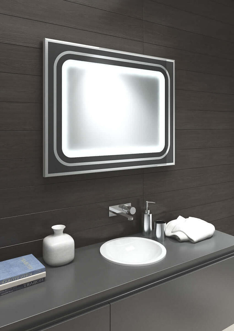 Aamsco Halo LED Backlit Mirror with Backlit Central Mirror Ringed in Black/Silver Glass and Aluminum