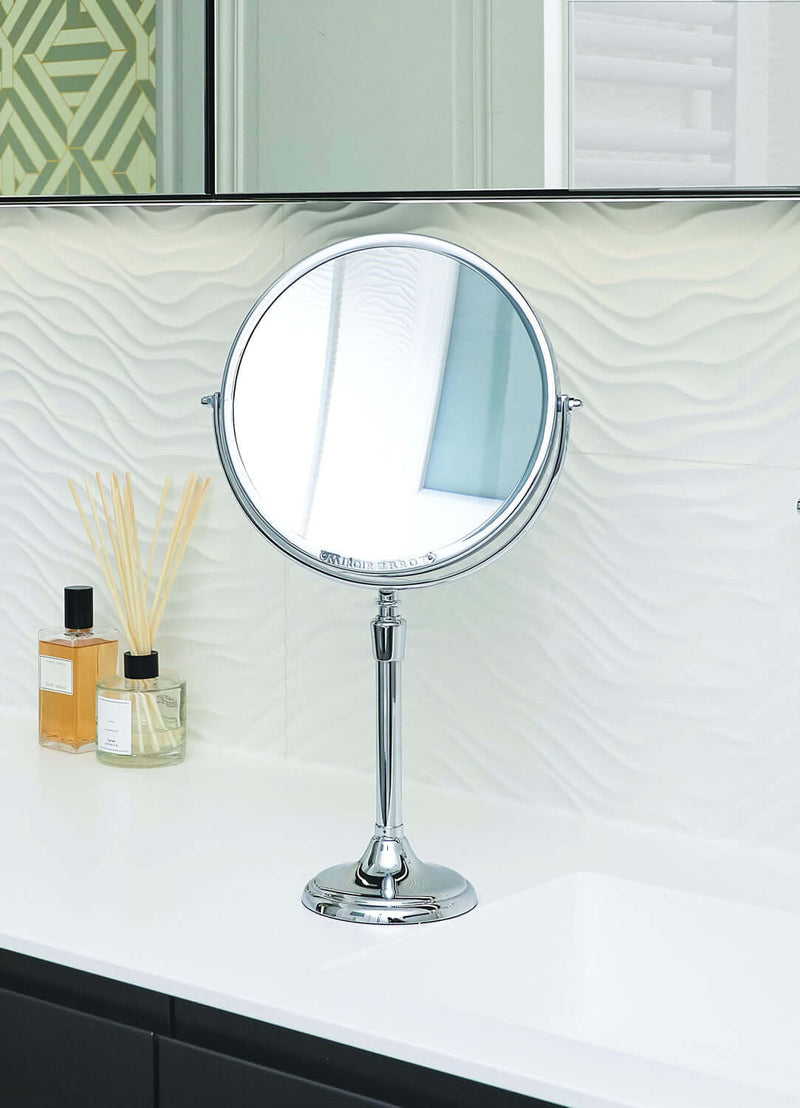 Polished Chrome is the most popular of the finishes for the Miroir Brot Patrimoine free-standing makeup mirror.
