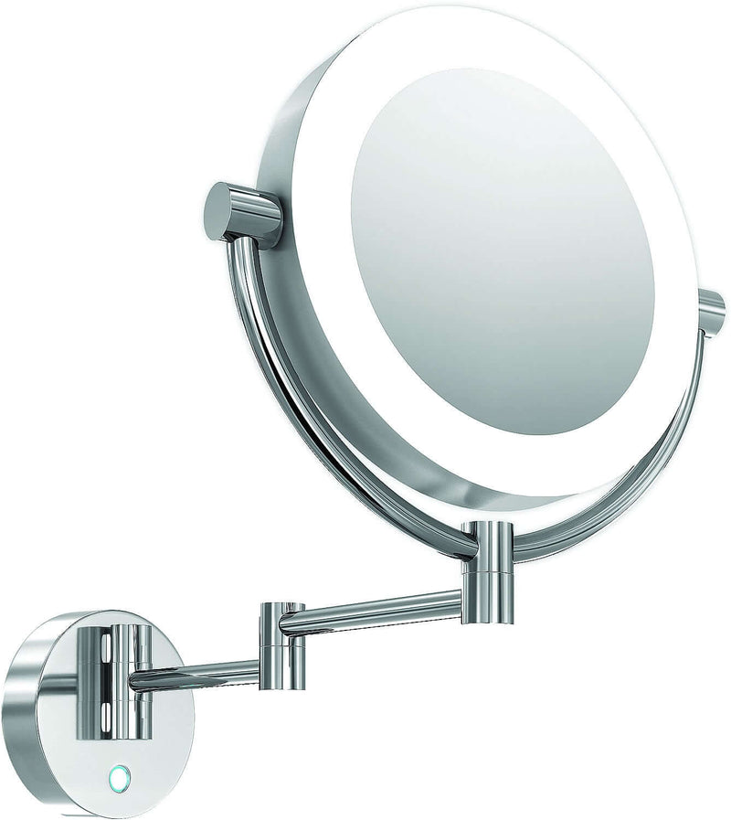 Apparently frameless, the Charm Hardwired mirror is 5x/1x reversible, lighted both sides.  Sleek looking!