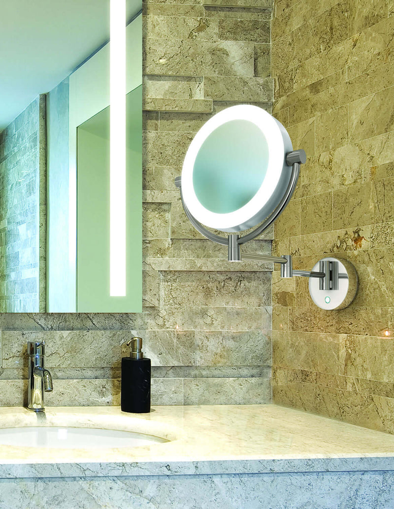 Electric Mirror company "Charm" hardwired makeup mirror in a typical setting - sleek and sophisticated.