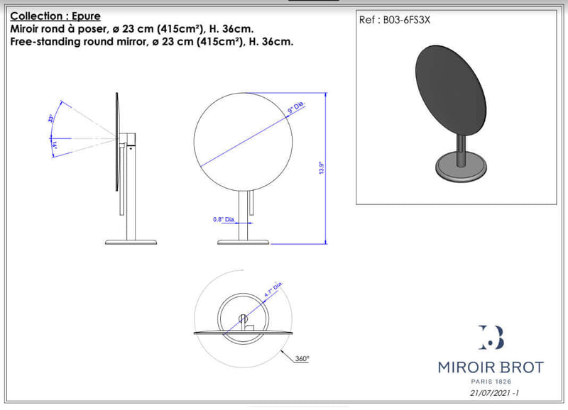 Epure by Miroir Brot, free-standing makeup mirror specifications.