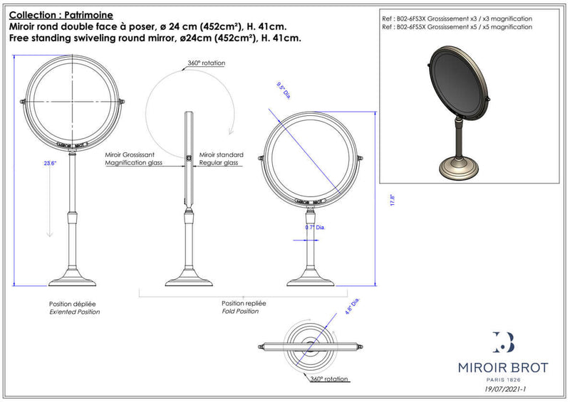 Patrimoine free-standing makeup mirror by Miroir Brot, spedifications.
