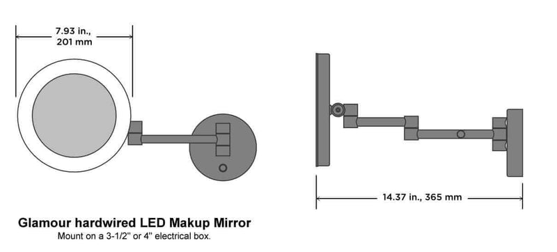 Electric Mirror company's "Glamour" hardwired makeup mirror, dimensioned drawing.