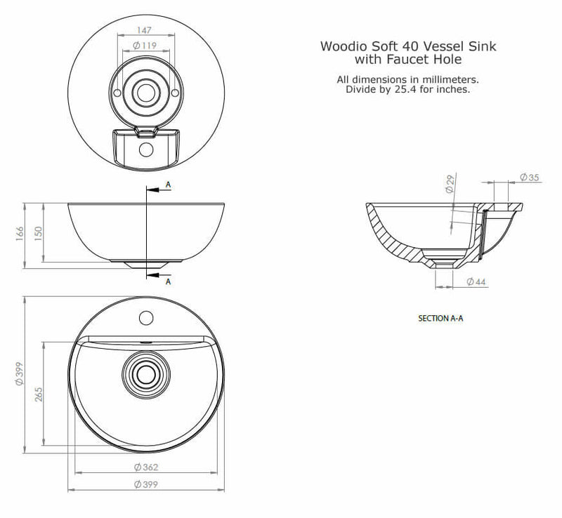 Woodio Soft40 Above-Mount Sink with Tap Hole - 10 Colors