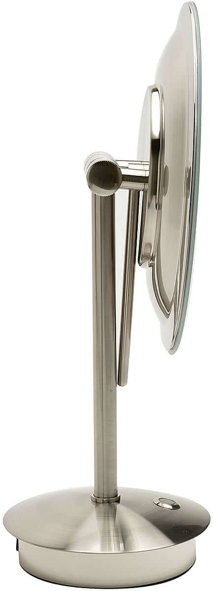 Thin handle behind the mirror face lets you adjust the angle without "fingerprinting" the mirror.  Brushed Nickel.