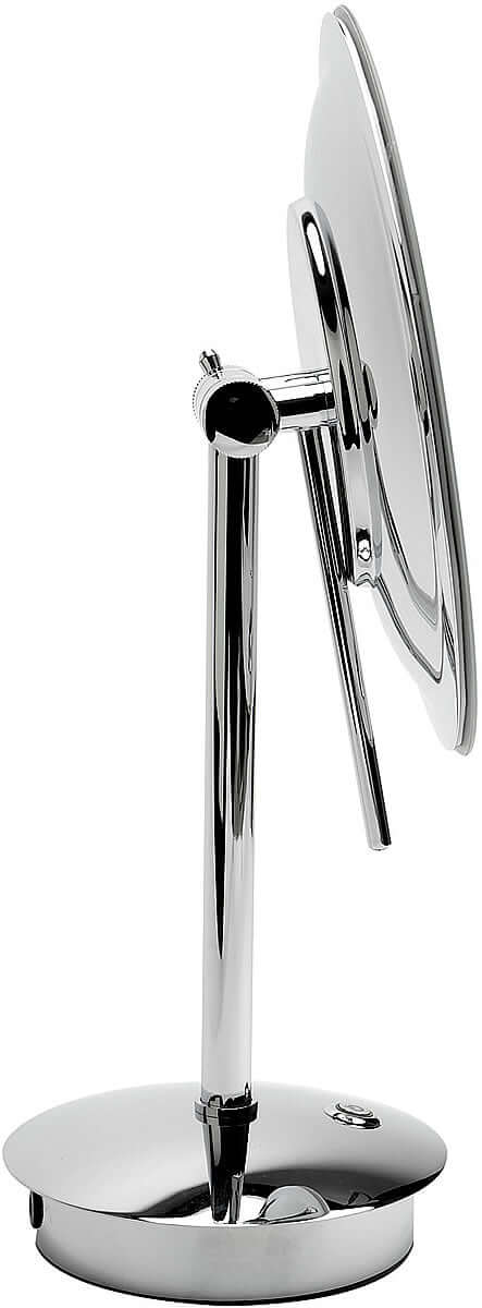 Thin handle behind the mirror face lets you adjust the angle without "fingerprinting" the mirror.  Polished Chrome.
