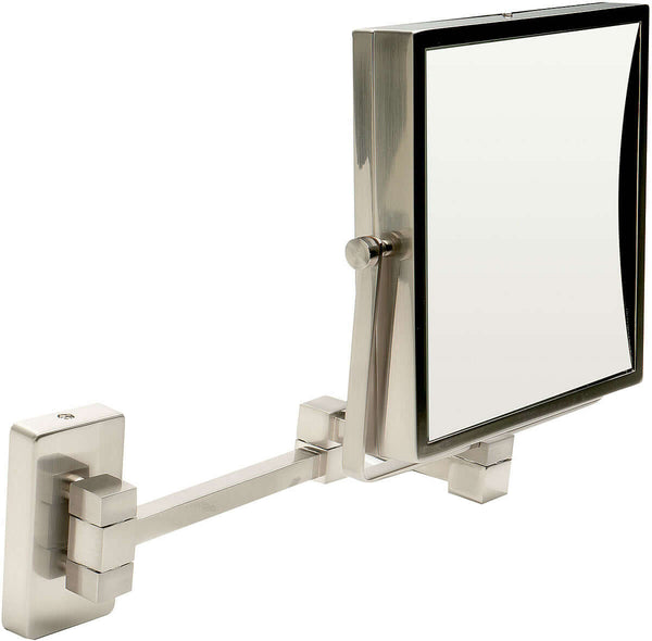 Hard-to-find 5x Magnification (reversible) in a square makeup mirror.  Brushed Nickel.