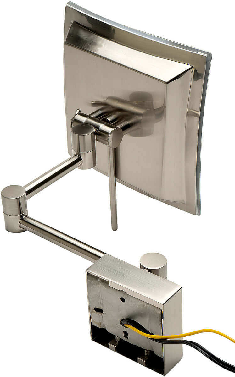 Heavy-duty swivel and tilt mechanism, fingerprint-proof adjustment handle, and rear view of mounting.  Brushed Nickel.