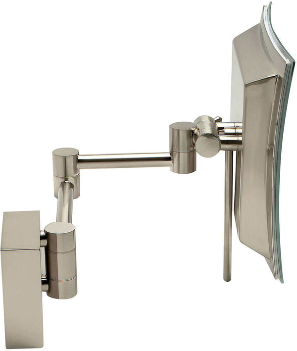 Adjustment handle behind the mirror face facilitates mirror adjustment without touching the glass and "fingerprinting" it.