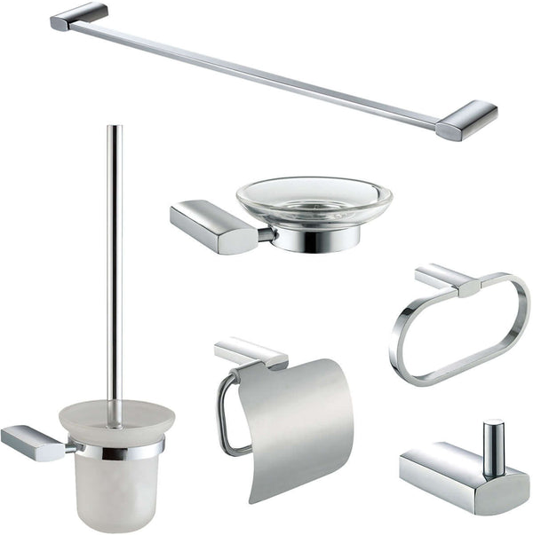 Everything you need is included: Towel Bar, Soap Dish, Towel Ring, Covered TP Holder, Robe/Towel Hook, Toilet Brush Set