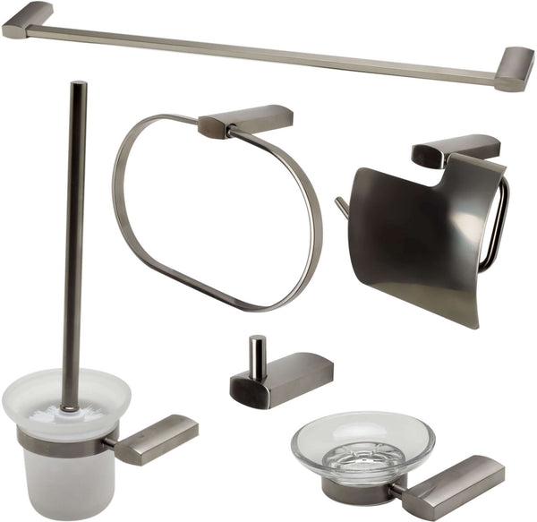 In Brushed Nickel, everything you need is included: Towel Bar, Soap Dish, Towel Ring, Covered TP Holder, Robe/Towel Hook, Toilet Brush Set