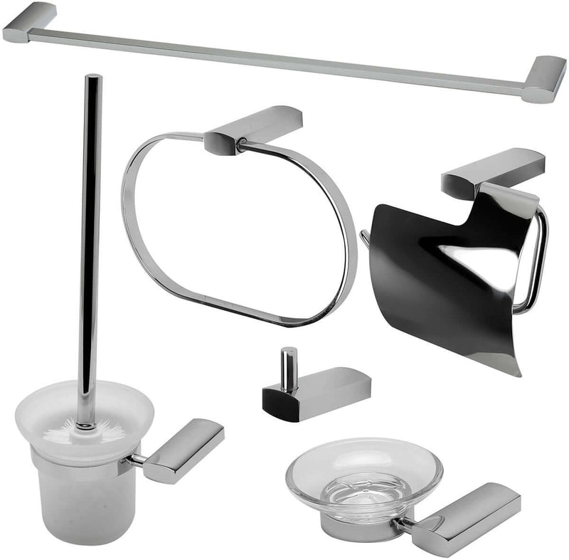 In Polished Chrome, everything you need is included: Towel Bar, Soap Dish, Towel Ring, Covered TP Holder, Robe/Towel Hook, Toilet Brush Set