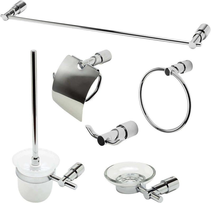 Polished Chrome.  Everything you need is included: Towel Bar, Soap Dish, Towel Ring, Covered TP Holder, Robe/Towel Hook, Toilet Brush Set
