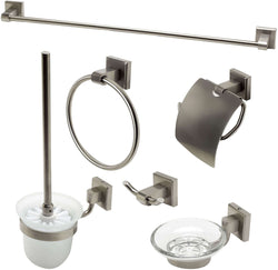 Brushed Nickel.  Everything you need is included: Towel Bar, Soap Dish, Towel Ring, Covered TP Holder, Robe/Towel Hook, Toilet Brush Set