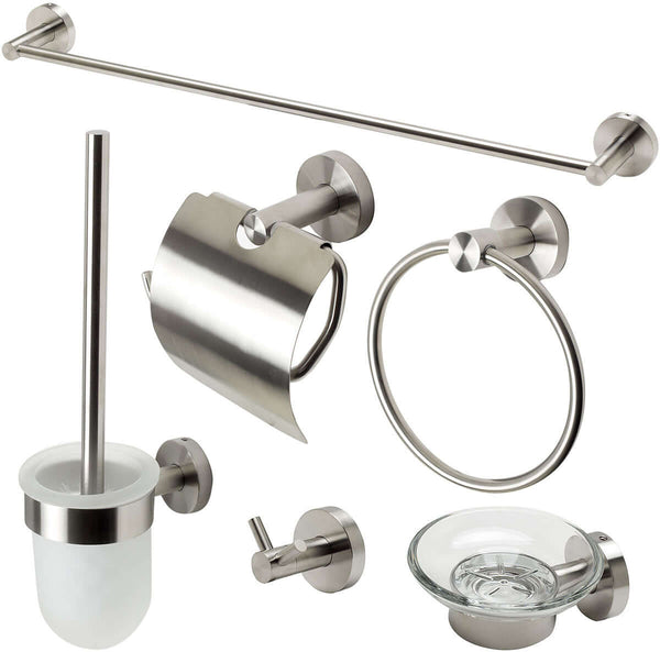 Brushed Nickel.  Everything you need is included: Towel Bar, Soap Dish, Towel Ring, Covered TP Holder, Robe/Towel Hook, Toilet Brush Set