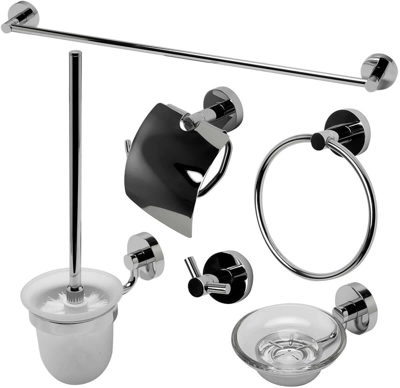 Polished Chrome.  Everything you need is included: Towel Bar, Soap Dish, Towel Ring, Covered TP Holder, Robe/Towel Hook, Toilet Brush Set