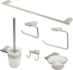 Brushed Nickel.  Everything you need is included: Towel Bar, Soap Dish, Towel Ring, Covered TP Holder, Robe/Towel Hook, Toilet Brush Set