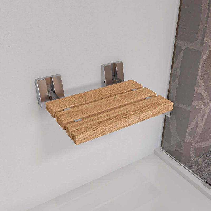 Alfi brand Folding Teak Shower Seat 16" Wide, Square Pivots in Polished Chrome or Brushed Nickel