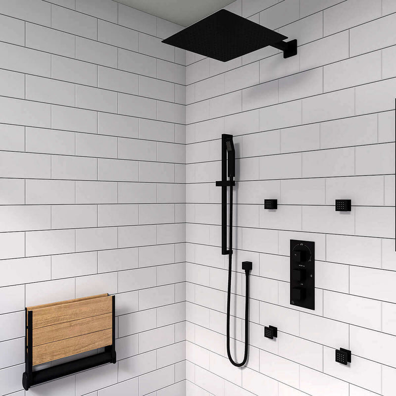 Siège de douche en teck auto-pliant de marque Alfi avec dossier - cadre noir mat ou gris clair