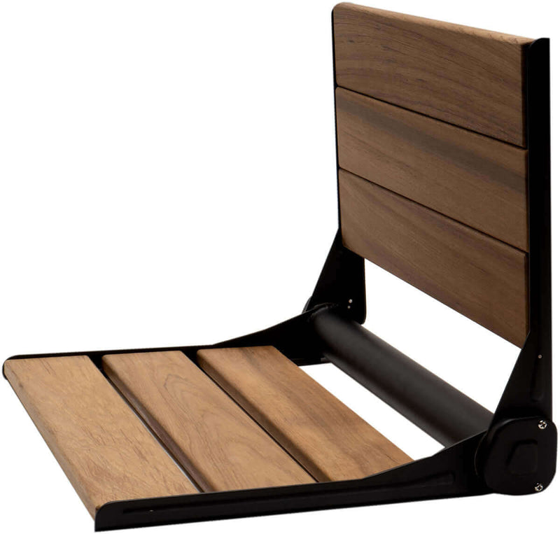 Alfi brand Self Folding Teak Shower Seat with Back - Matte Black or Light Grey Frame