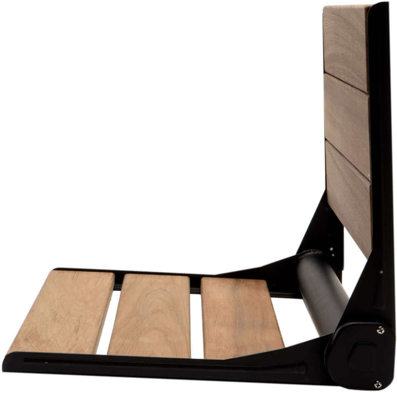 Alfi brand Self Folding Teak Shower Seat with Back - Matte Black or Light Grey Frame