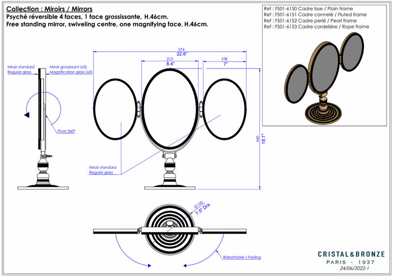 Cristal&Bronze 3x/1x 4-Face Vanity Mirror - Plain or Fluted Frame