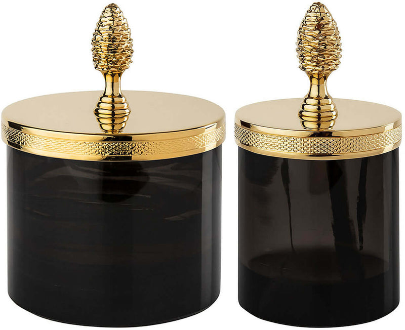 Cristal&Bronze Obsidienne "Chiseled" Pinecone Handle Q-Tip Jar
