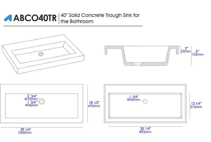 ALFI brand ABCO40TR 40" Solid Concrete Trough Sink for the Bathroom