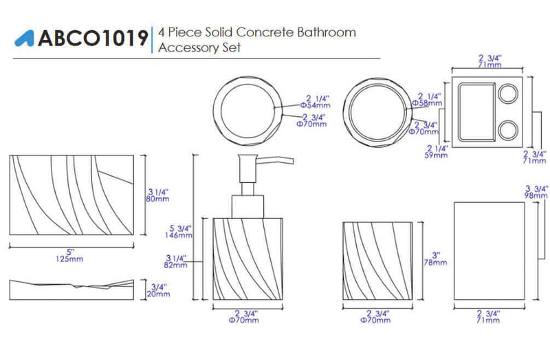 ALFI marque ABCO1019 ensemble d'accessoires de salle de bain mat gris béton massif 4 pièces