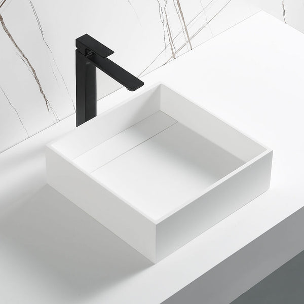 Square White Resin Bathroom Sink, faucet not included.