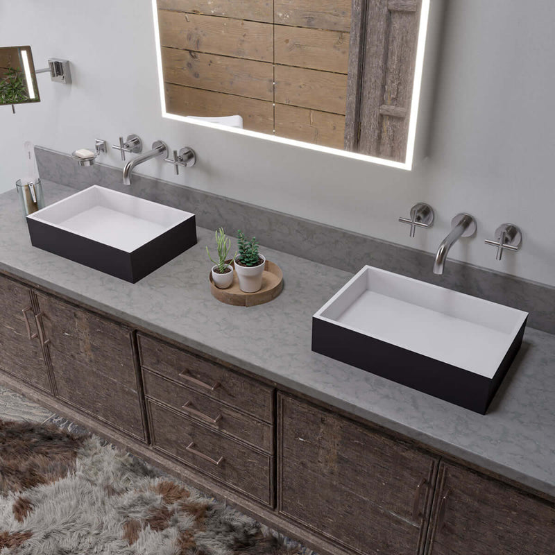 His & Her Rectangular Resin Sinks, Matte Black - faucets not included.
