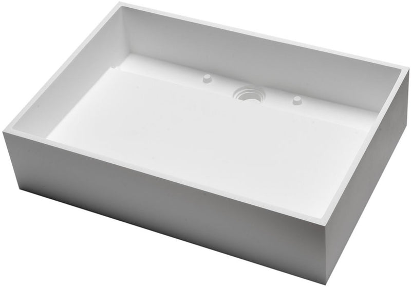 Rectangular White Resin Sink - drain hole visible.