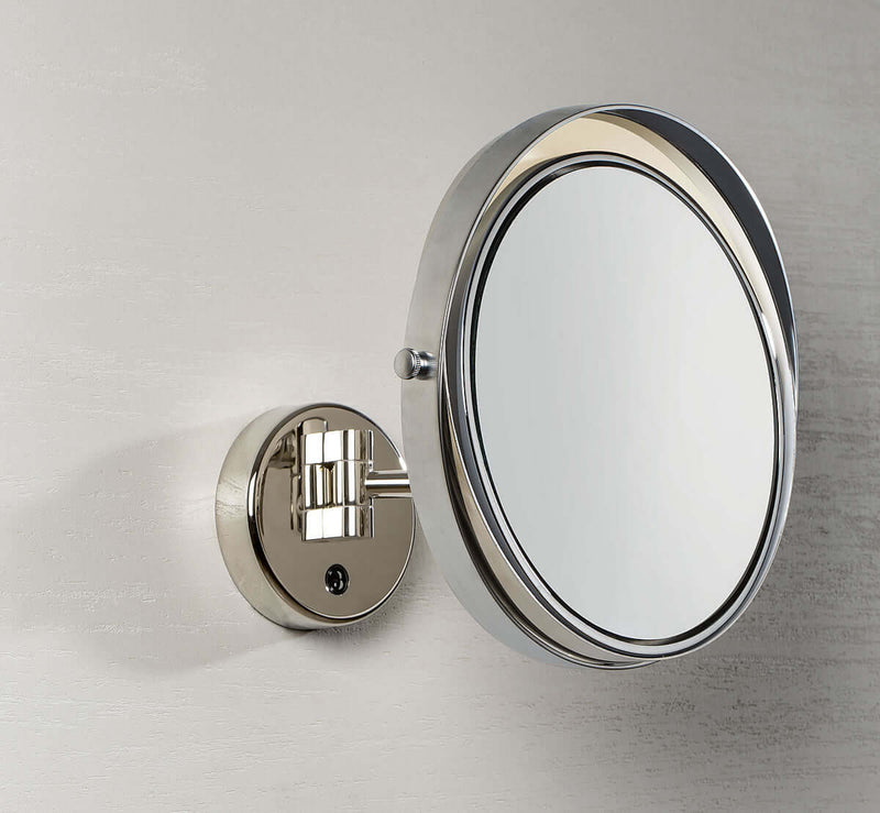 By Tistan Auer the "Lord" Makeup Mirror in Polished Chrome, Matte Chrome, and Polished Nickel.