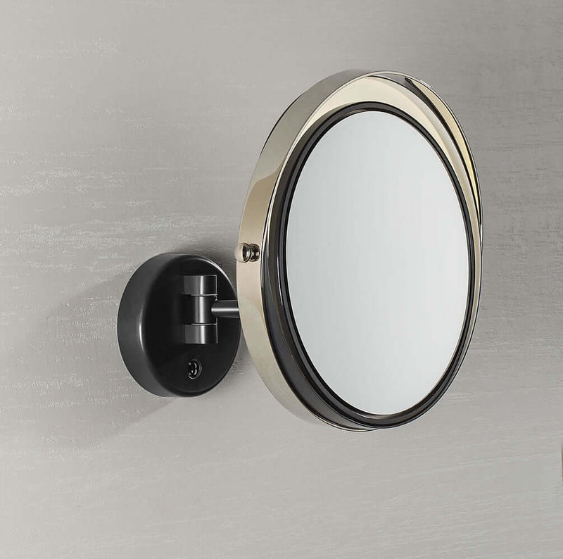 Polished Black Bronze, Matte Black Bronze, and Polished Nickel, the "Lord" makeup mirror by Tristan Auer.