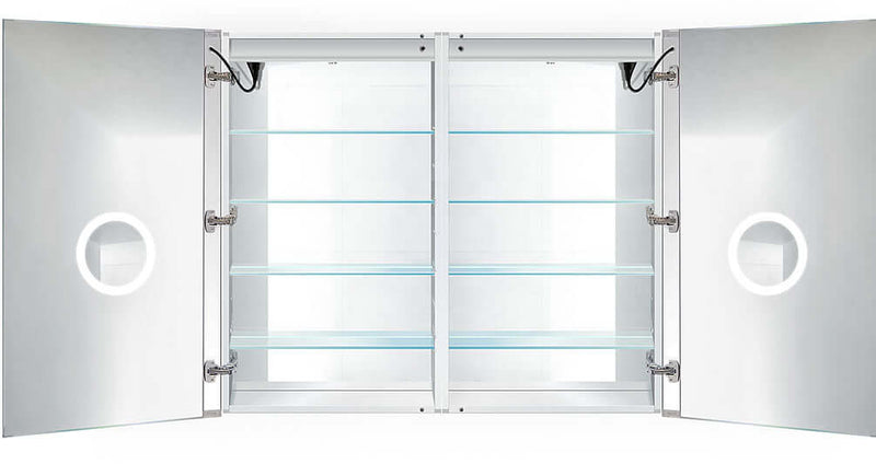 Svange 48" x 42" High, 3 interior shelves, both doors lit with 3x lit inset mirror.