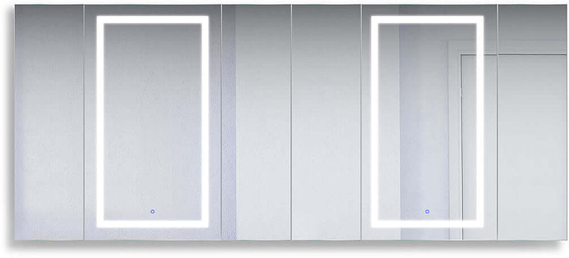Svange Mega-6 96" x 42"  shown.  3 Doors open left, 3 open right.  Two center doors on each side are LED illuminated with interior inset 3x Makeup Mirror
