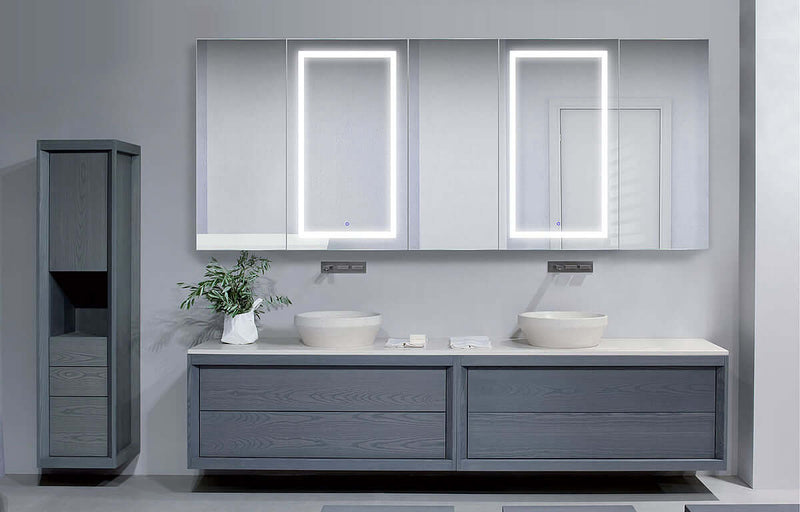 Svange Mega-6 120" x 42"  shown.  3 Doors open left, 3 open right.  Two center doors on each side are LED illuminated with interior inset 3x Makeup Mirror