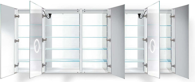 Svange Mega-6 120" x 42"  shown.  3 Left doors open left, 3 open right.  Two center doors on each side are LED illuminated with interior inset 3x Makeup Mirror
