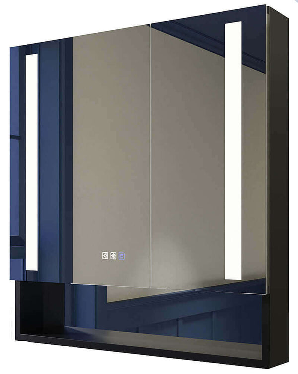 Mirror Luxe 30" LED Medicine Cabinet Asymetric 2-Door, Black Anozied Aluminum