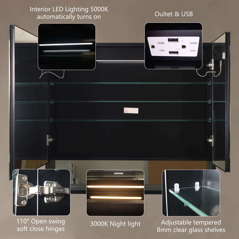 Mirror Luxe 36" Double Door Mirrored LED Medicine Cabinet, Black Anodized Aluminum