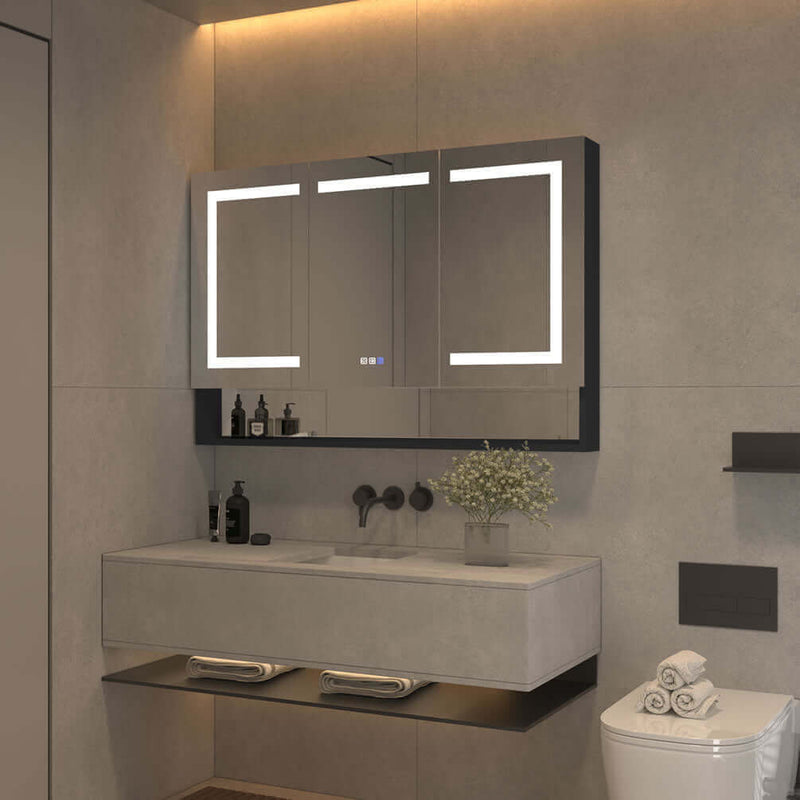 Mirror Luxe 48" Three Door Mirrored LED Medicine Cabinet, Black Anodized Aluminum