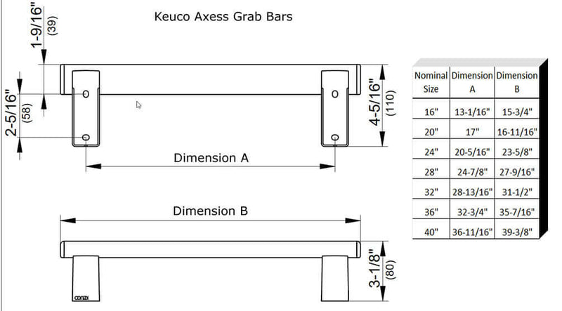 Keuco Axess ADA Grab Bar  - 7 Sizes From 16" to 40" - 3 Finishes
